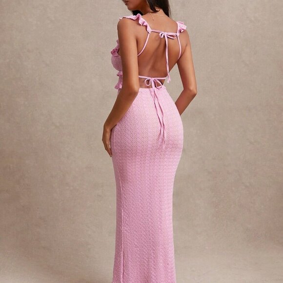 Pink Elegant Women's Sexy Hollow-Out Crochet Ruffle Trim Backless Tie Dress - Picture 2 of 7